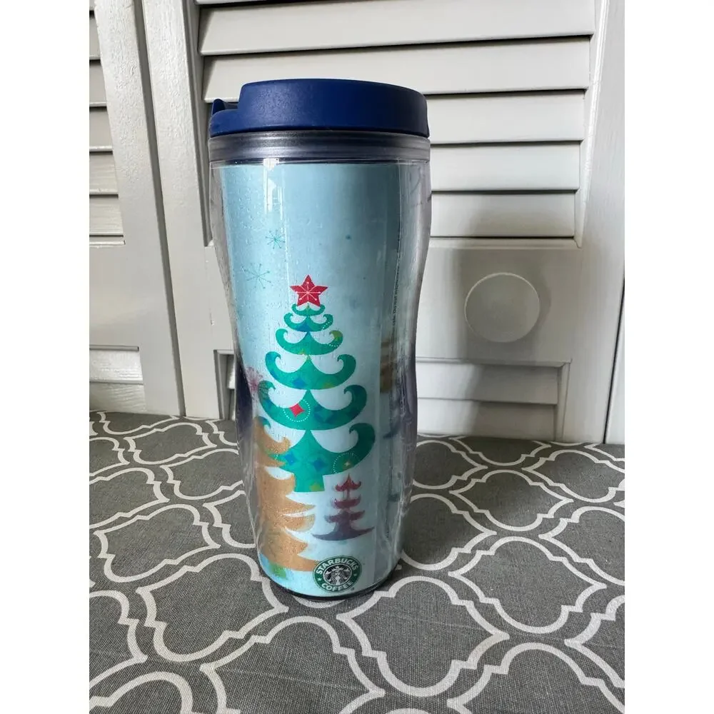 Starbucks Christmas Tree Holographic Blue Double Wall Insulated Travel Tumbler